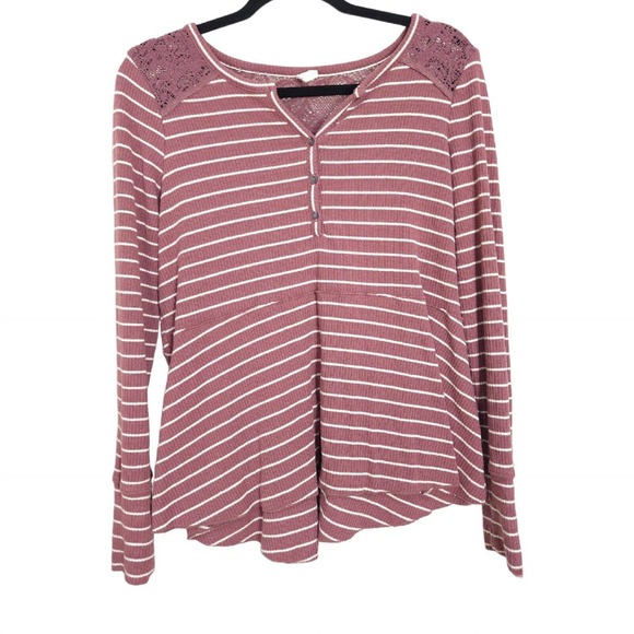 Anthropologie Womens Sleep Shirt Campground Maroon Striped Thermal Henley Top S - Picture 2 of 12